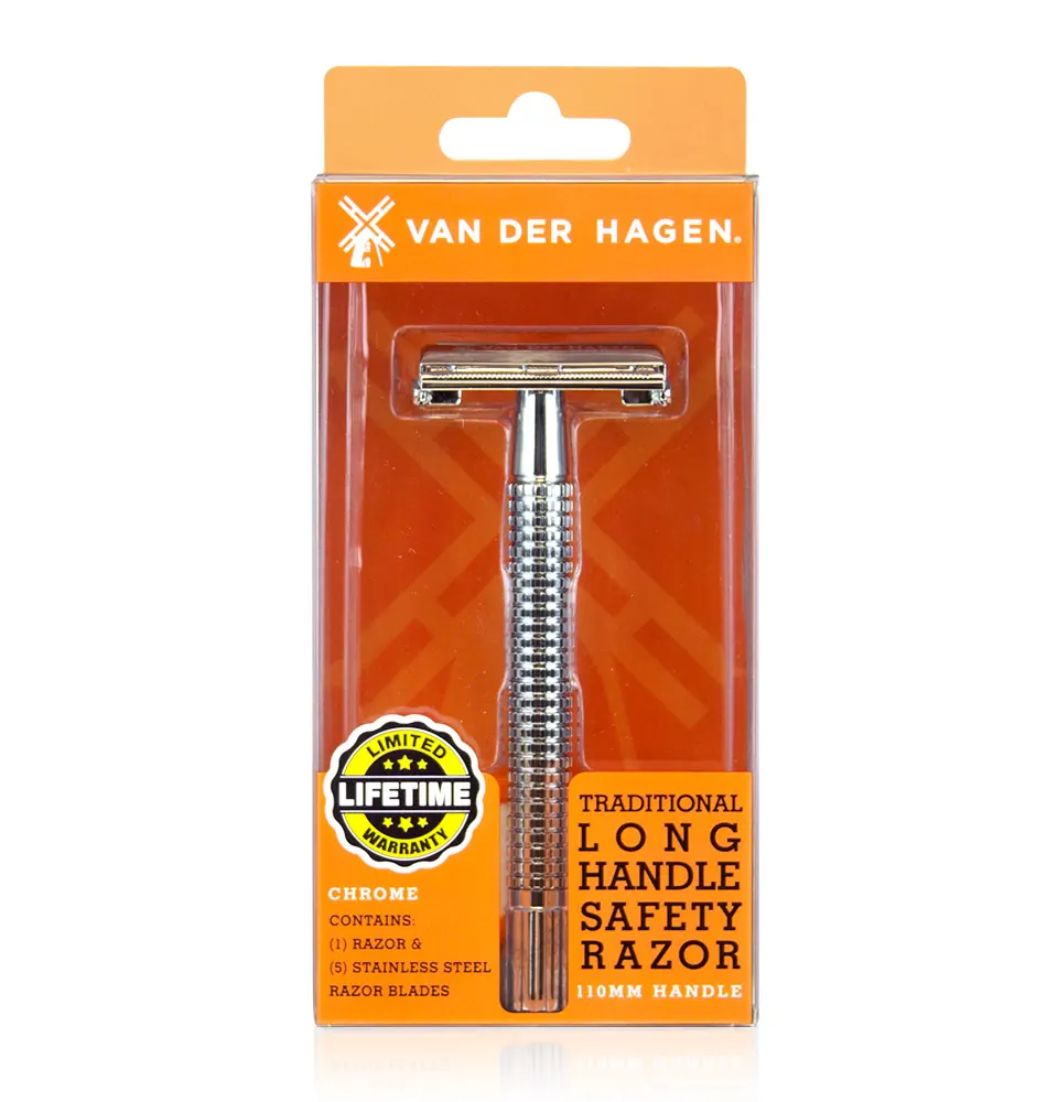 Van Der Hagen safety razor shown from the side next to its box
