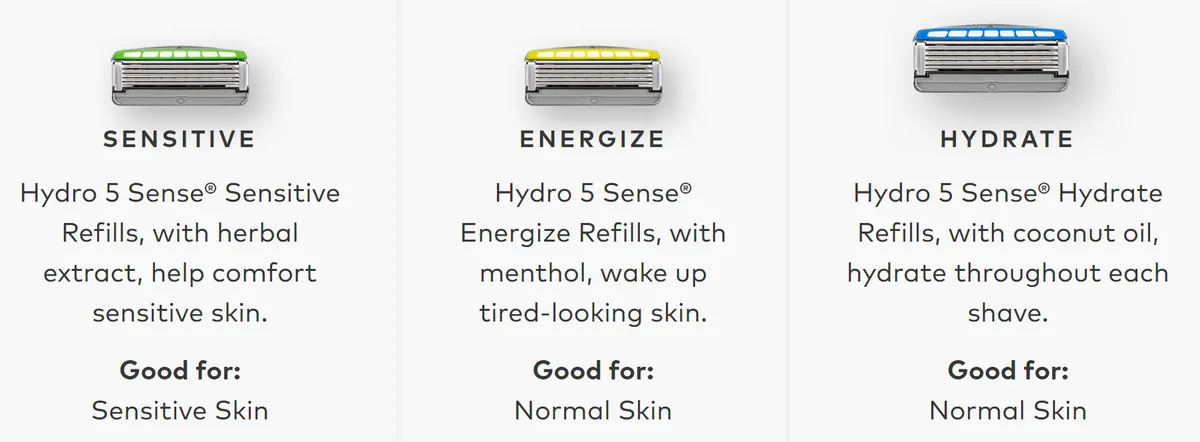Three Schick Hydro Sense cartridge versions: Sensitive, Energize and Hydrate