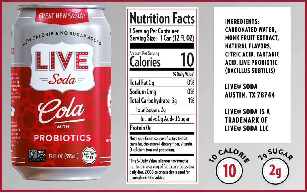 A can of LIVE probiotic cola with its nutrition facts